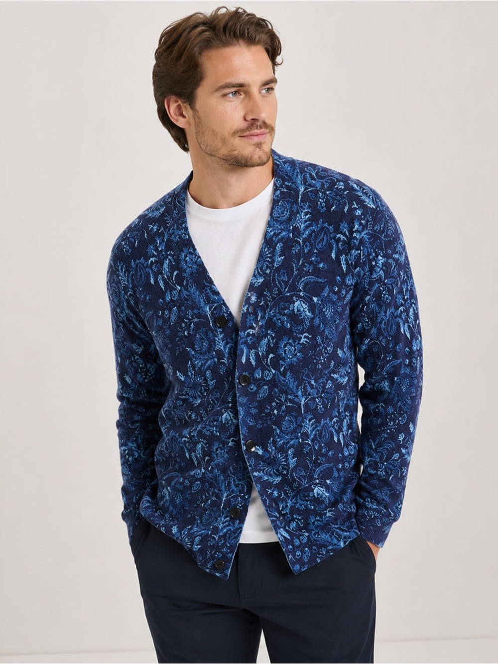 Club Room Luxury Men’s XL 100% Cashmere Floral Cardigan Sweater Navy Blue NWT